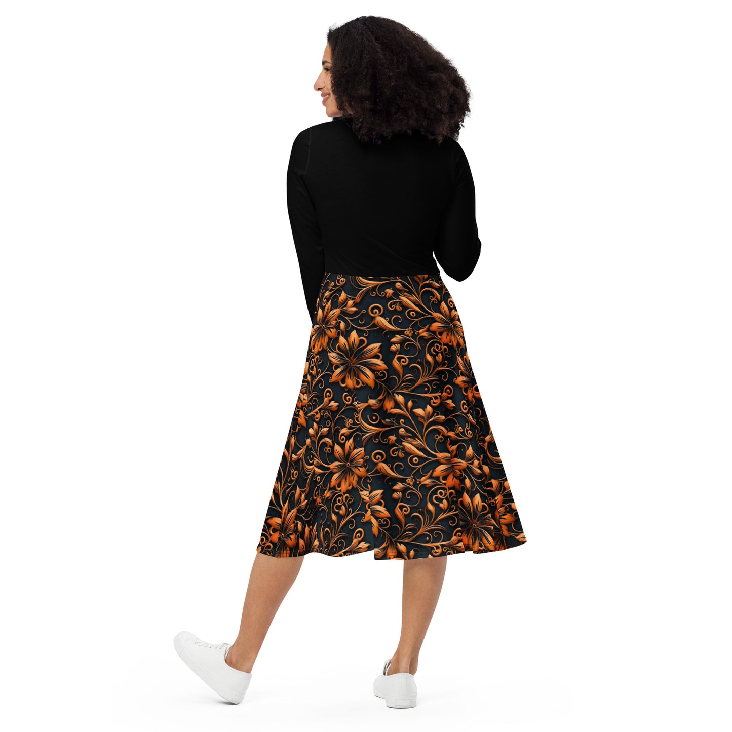 Black and Orange All-Over Print Long Sleeve Midi Dress with Pockets