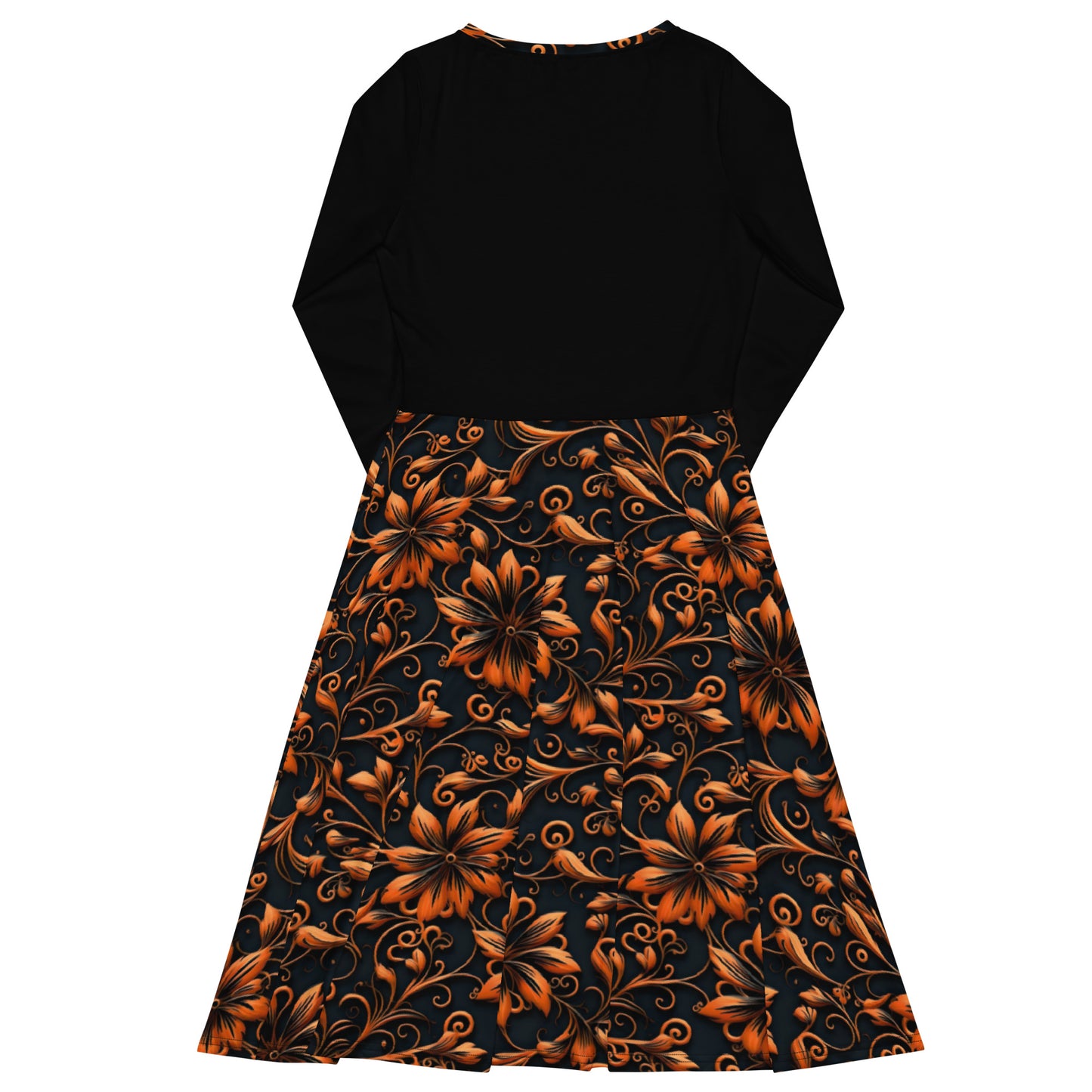 Black and Orange All-Over Print Long Sleeve Midi Dress with Pockets
