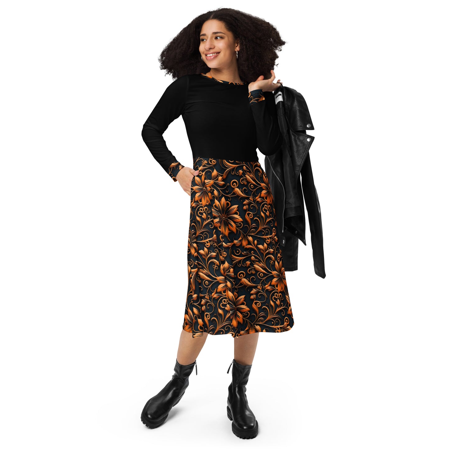Black and Orange All-Over Print Long Sleeve Midi Dress with Pockets