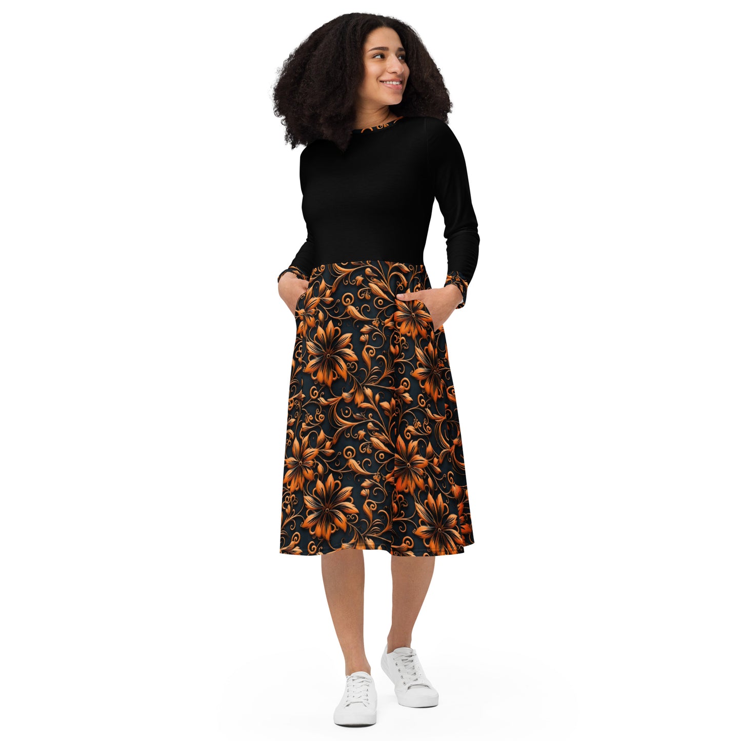 Black and Orange All-Over Print Long Sleeve Midi Dress with Pockets