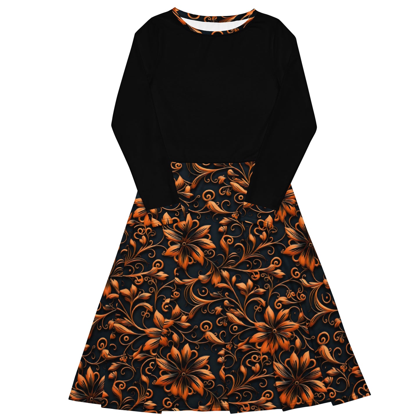 Black and Orange All-Over Print Long Sleeve Midi Dress with Pockets