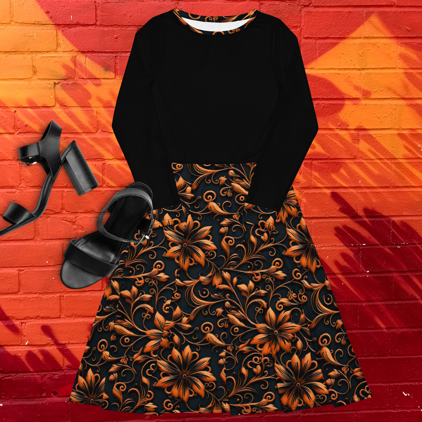 Black and Orange All-Over Print Long Sleeve Midi Dress with Pockets