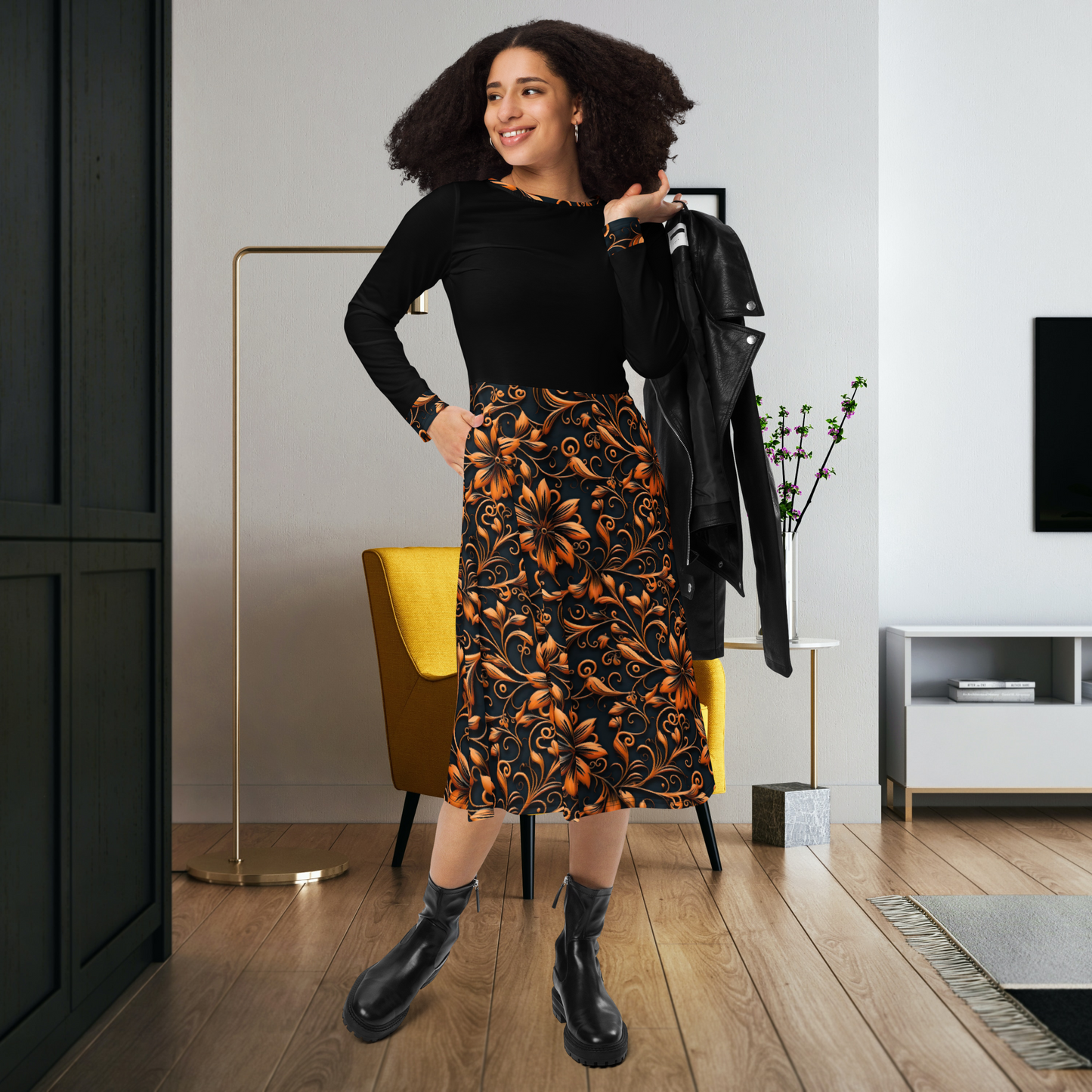 Black and Orange All-Over Print Long Sleeve Midi Dress with Pockets