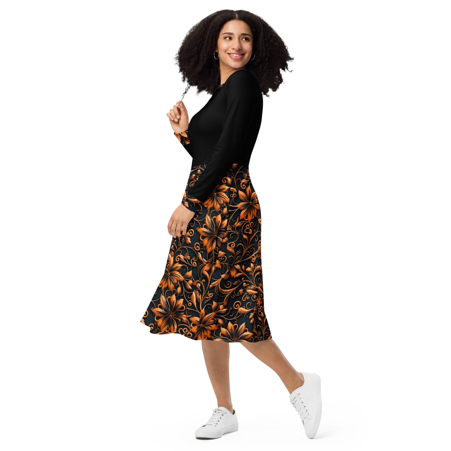 Black and Orange All-Over Print Long Sleeve Midi Dress with Pockets