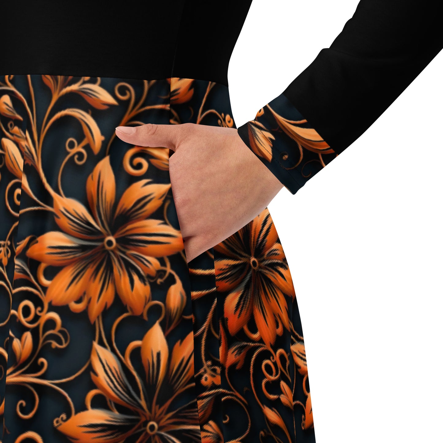 Black and Orange All-Over Print Long Sleeve Midi Dress with Pockets