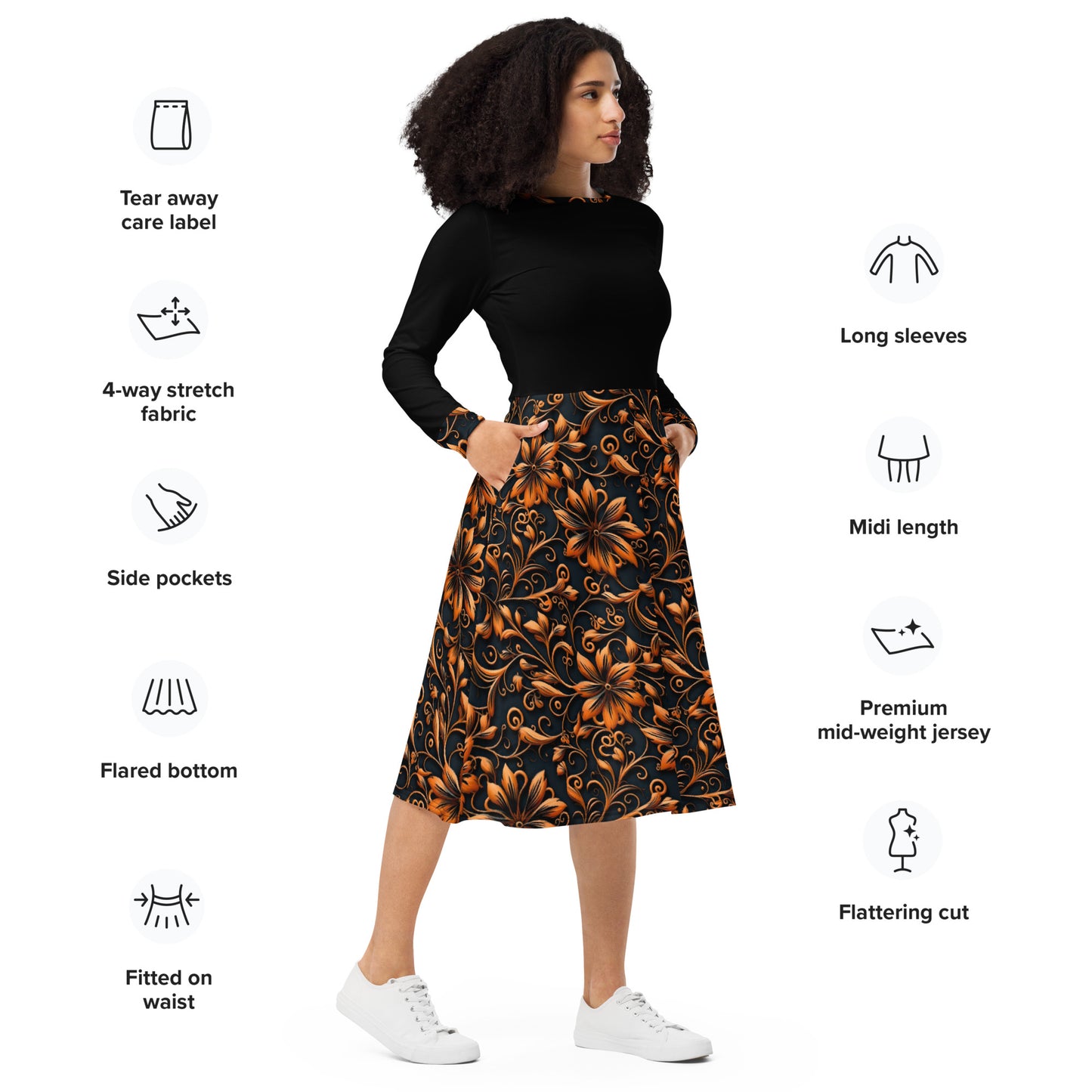 Black and Orange All-Over Print Long Sleeve Midi Dress with Pockets
