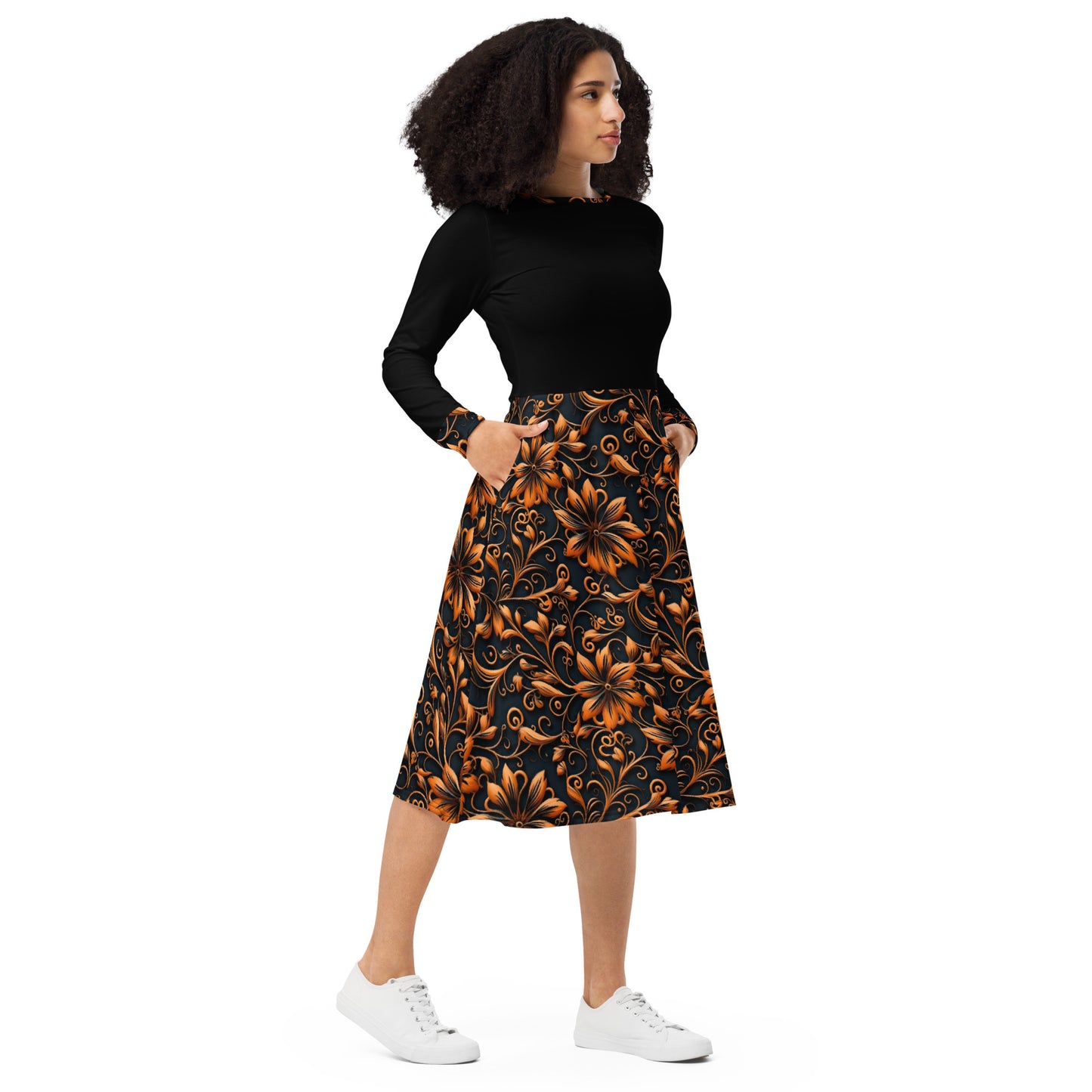 Black and Orange All-Over Print Long Sleeve Midi Dress with Pockets