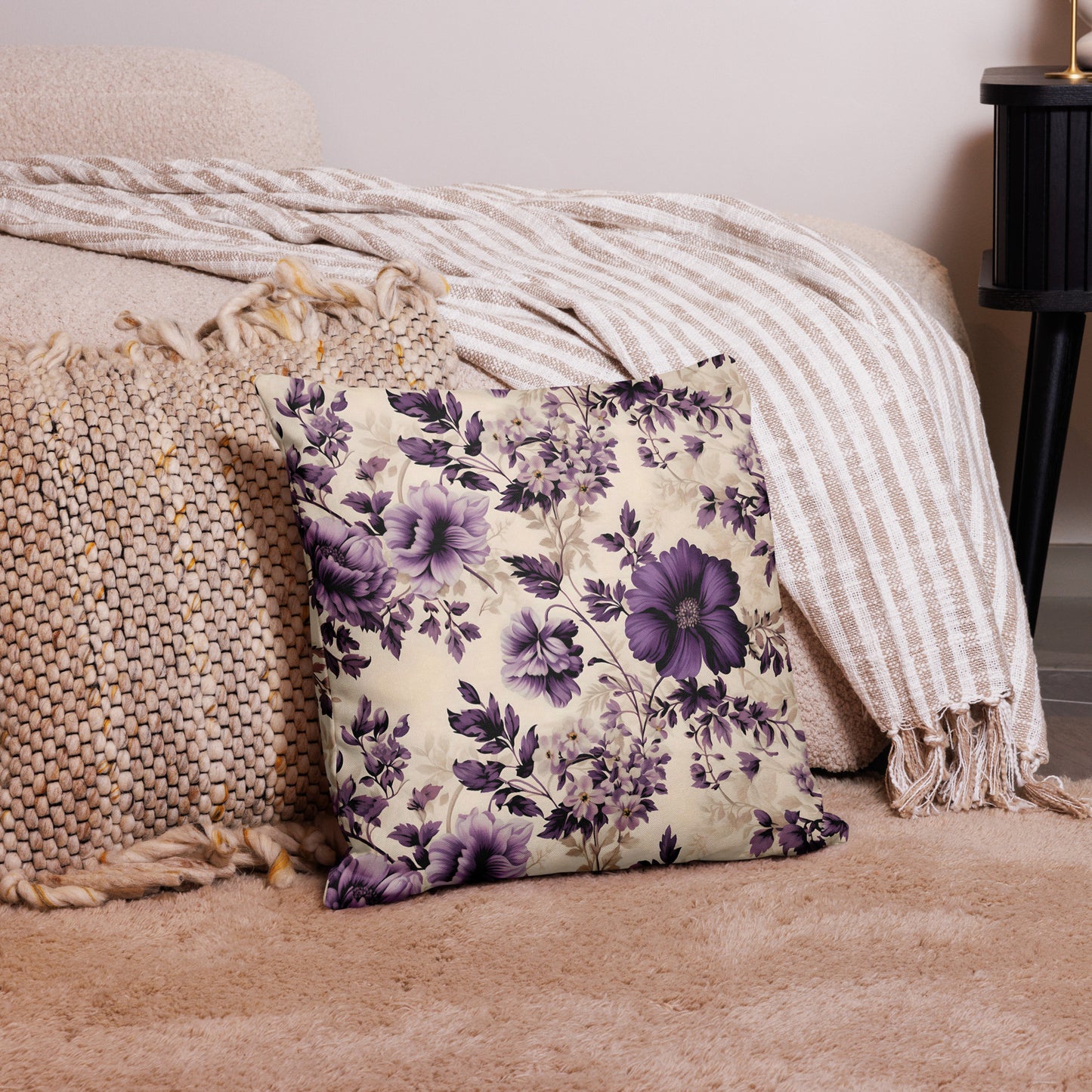 Purple and Cream Floral Premium Pillow