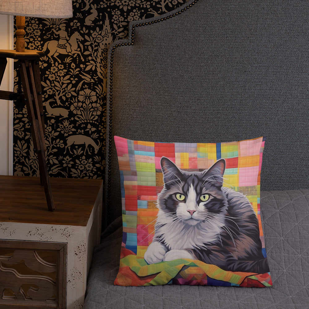 Bessie - Grey & White Cat on a Quilt Pillow