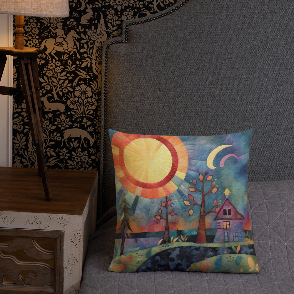 River Cabin at Night Premium Pillow