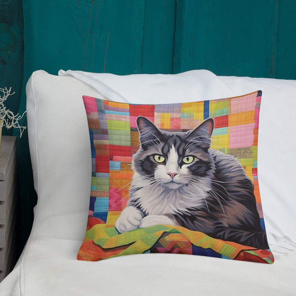 Bessie - Grey & White Cat on a Quilt Pillow