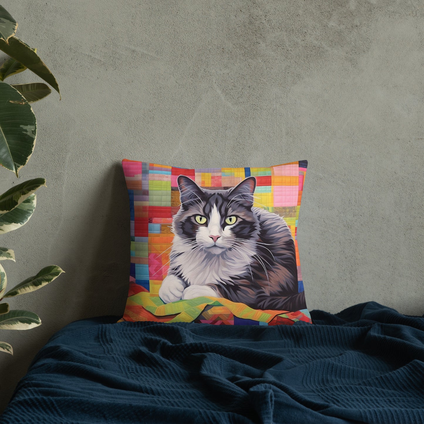 Bessie - Grey & White Cat on a Quilt Pillow