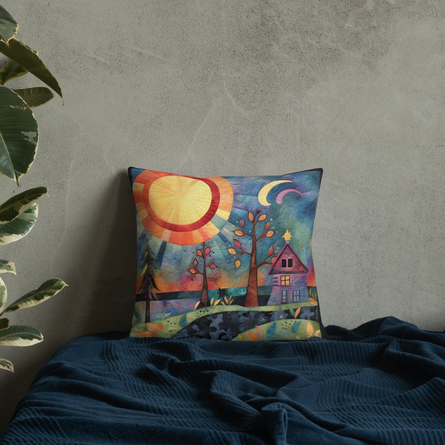 River Cabin at Night Premium Pillow