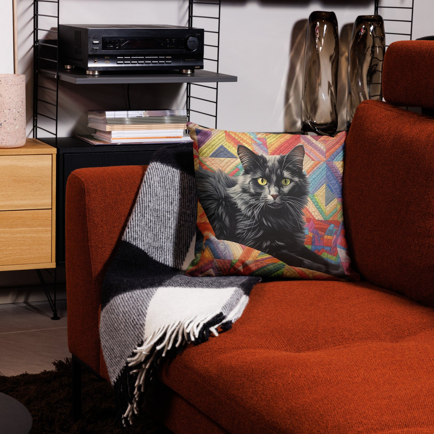 Sasha - Black Cat on a Quilt Pillow