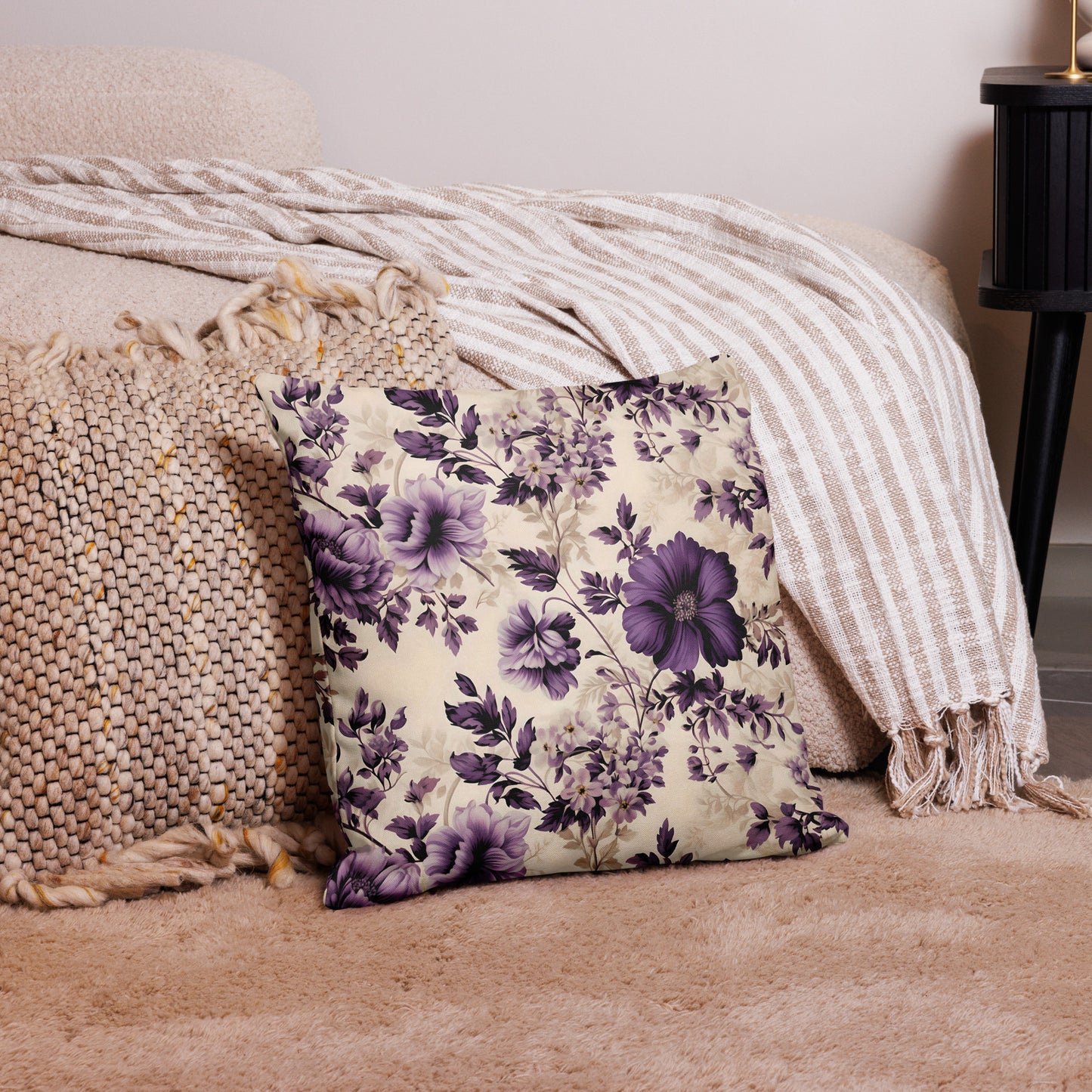 Purple and Cream Floral Premium Pillow
