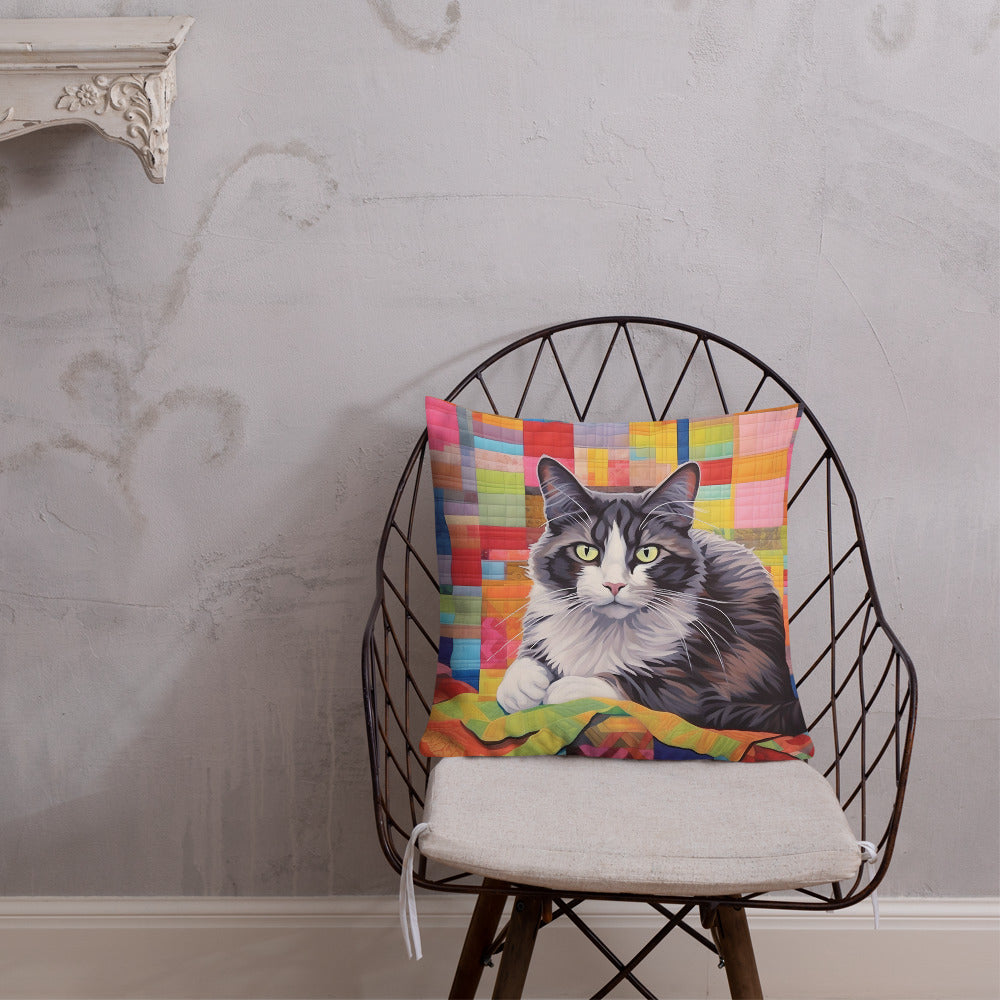 Bessie - Grey & White Cat on a Quilt Pillow
