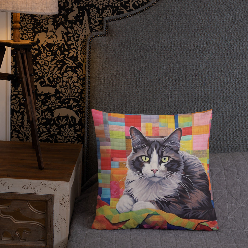 Bessie - Grey & White Cat on a Quilt Pillow
