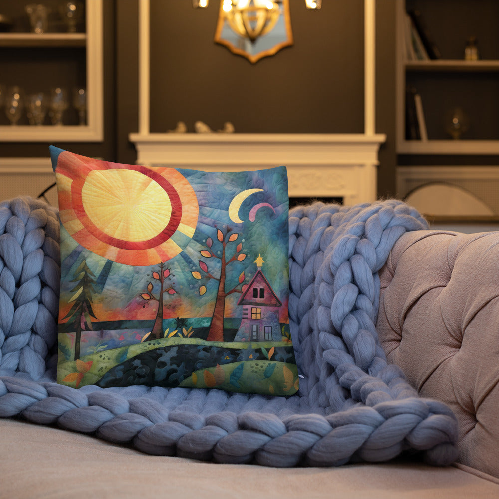 River Cabin at Night Premium Pillow