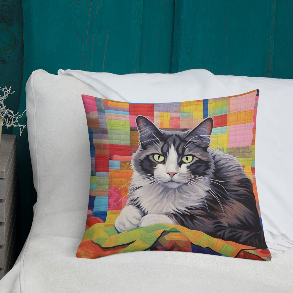 Bessie - Grey & White Cat on a Quilt Pillow