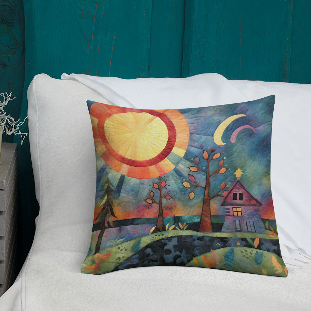 River Cabin at Night Premium Pillow