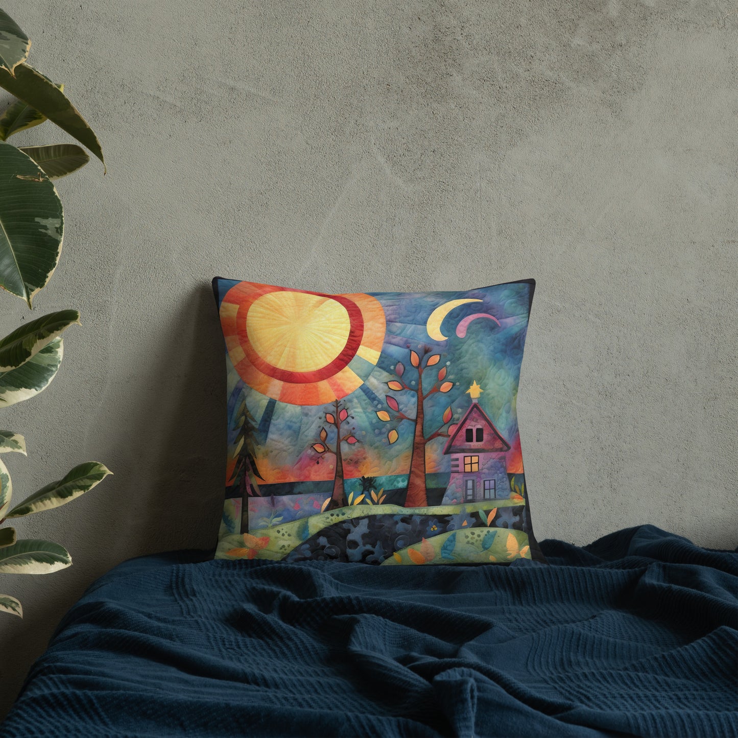 River Cabin at Night Premium Pillow