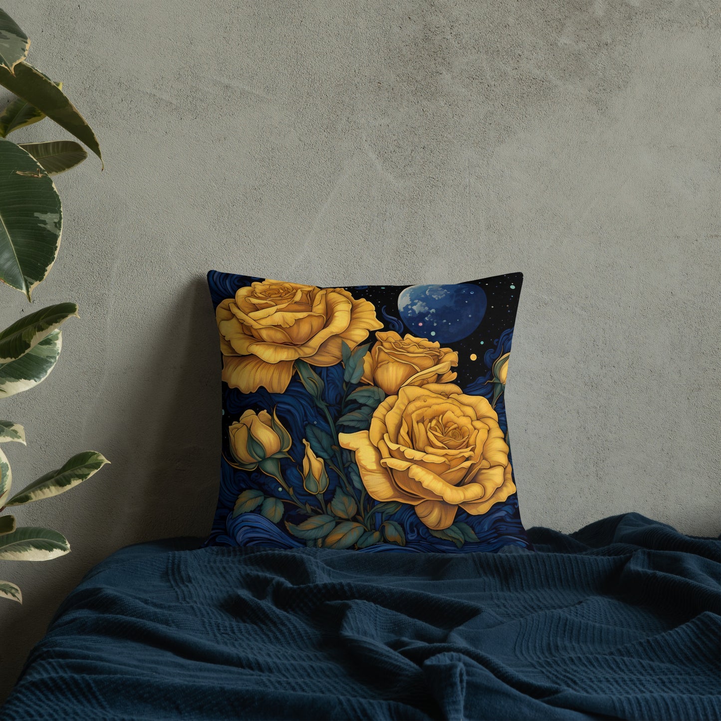 Moonlit Golden Roses Premium Pillow