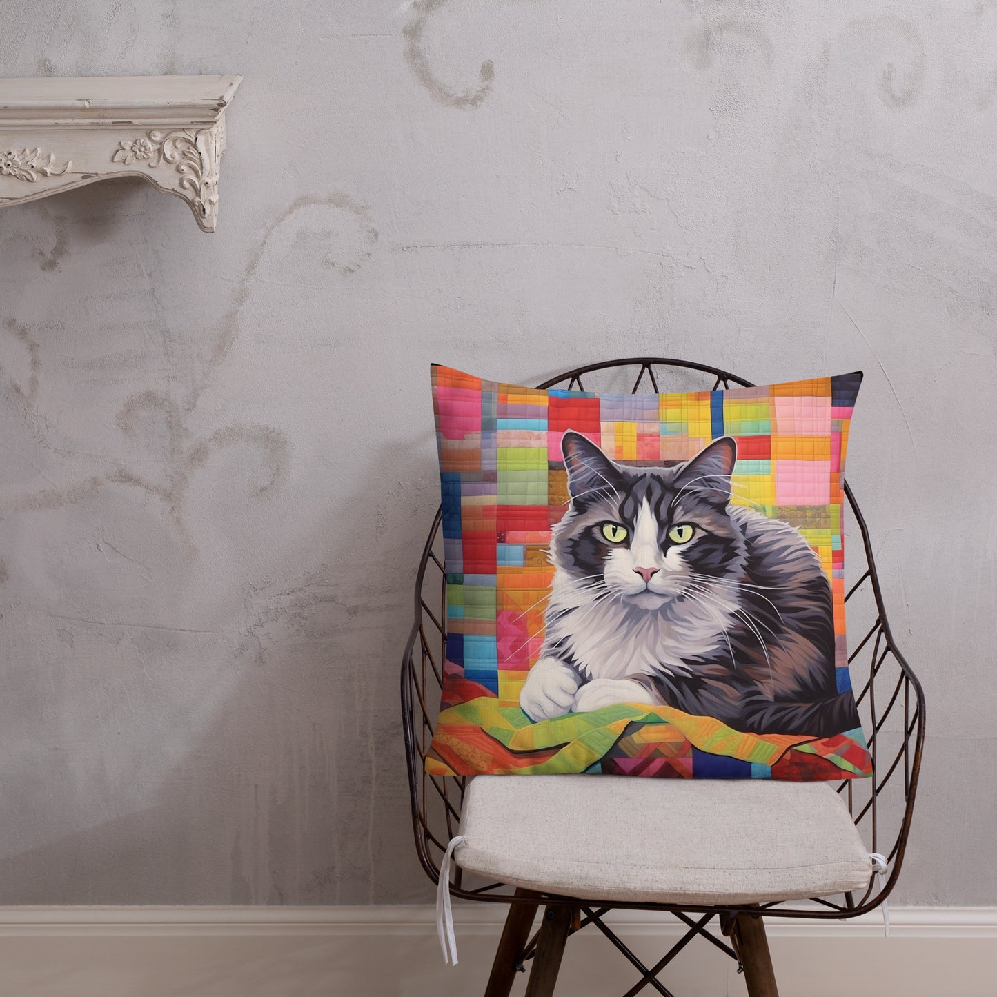 Bessie - Grey & White Cat on a Quilt Pillow