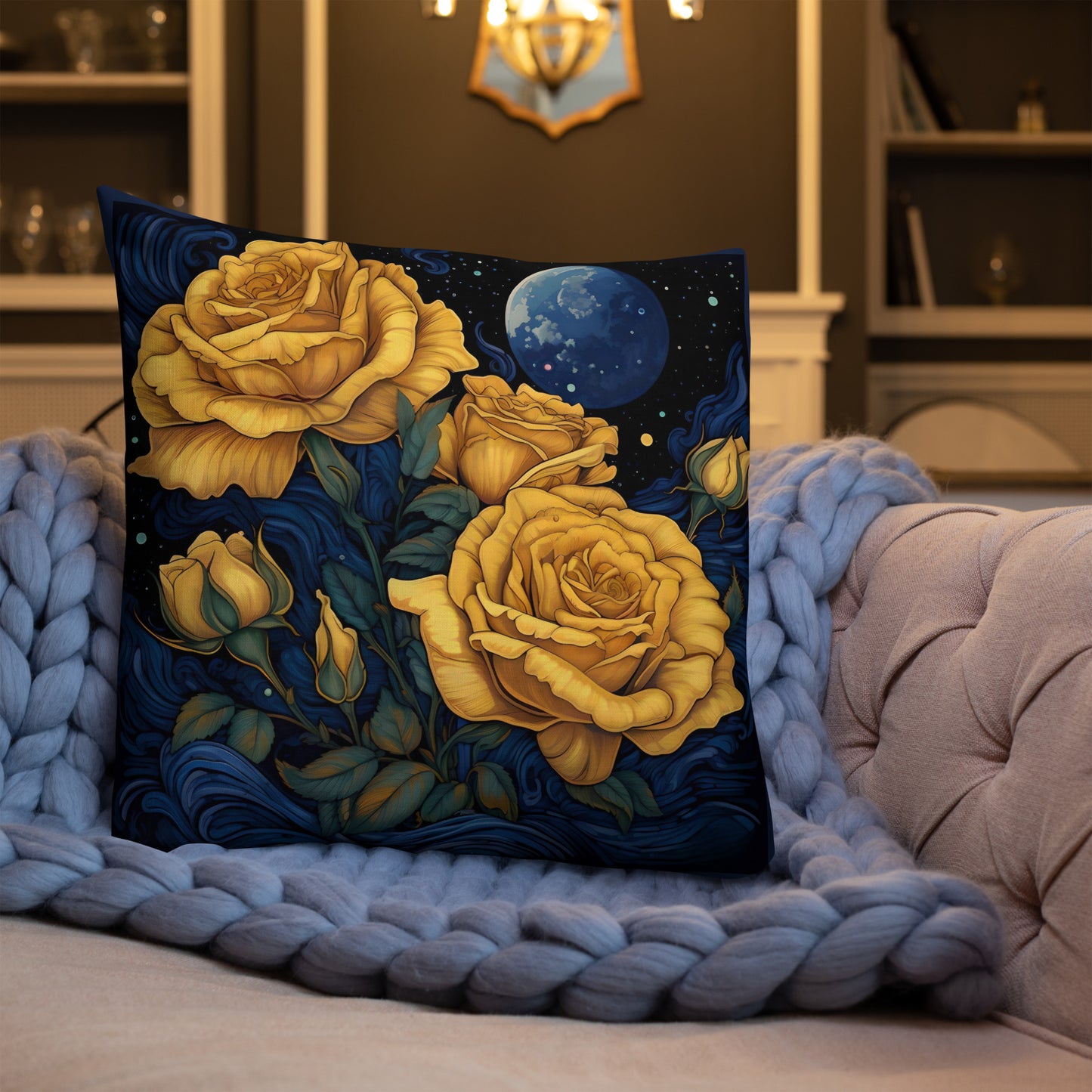 Moonlit Golden Roses Premium Pillow