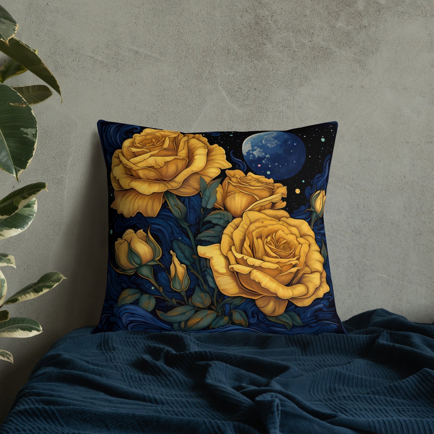 Moonlit Golden Roses Premium Pillow