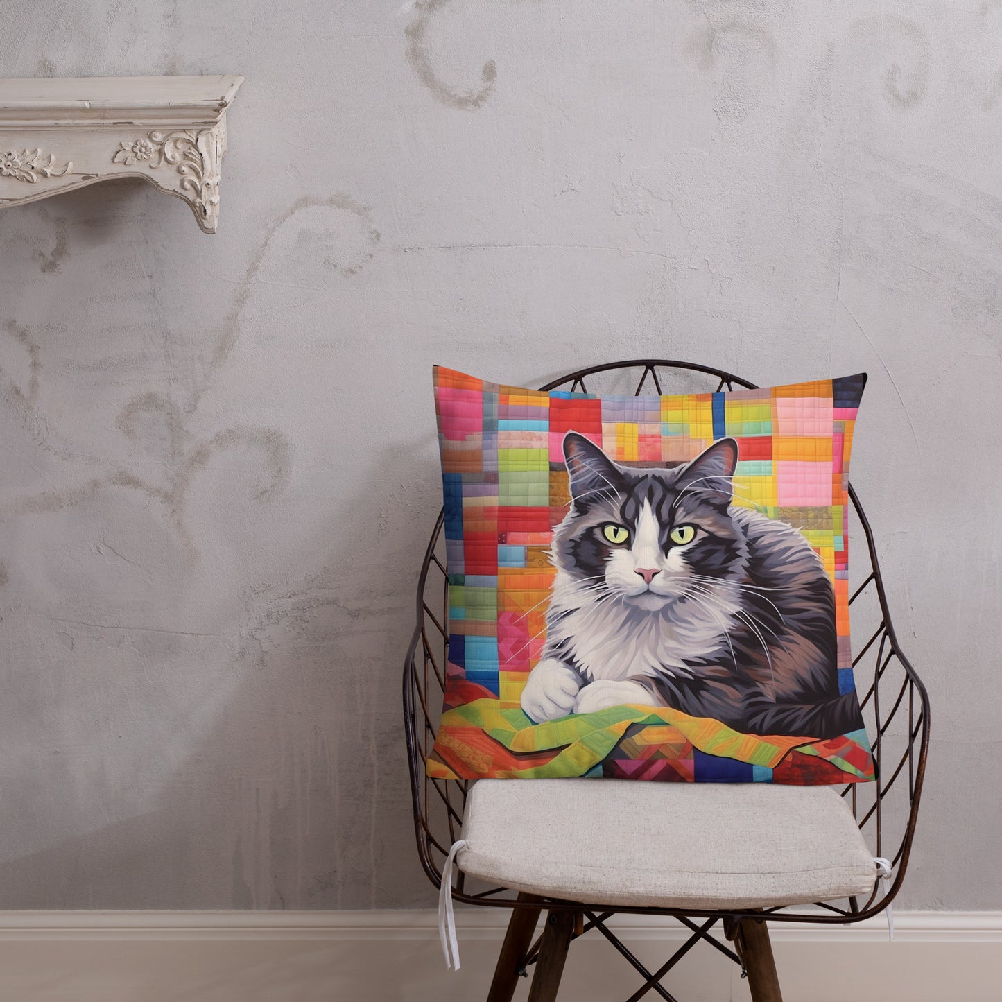 Bessie - Grey & White Cat on a Quilt Pillow