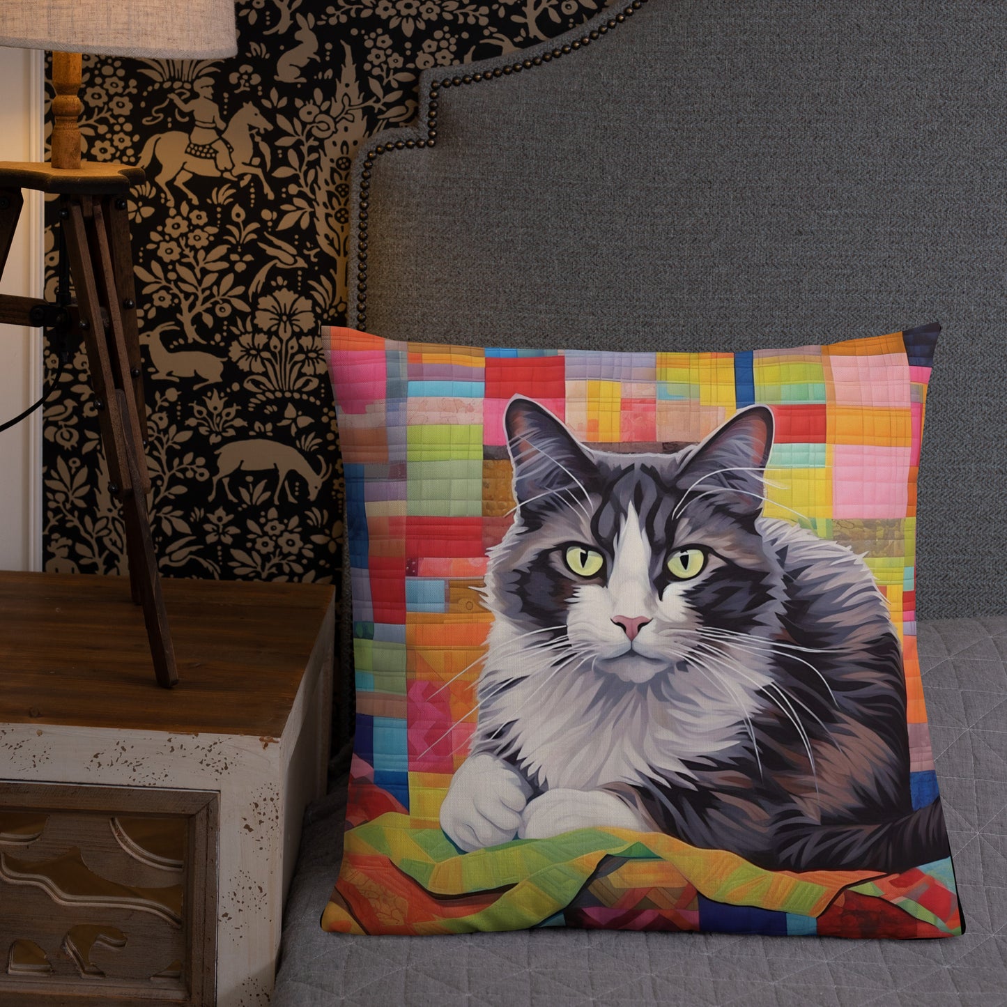 Bessie - Grey & White Cat on a Quilt Pillow