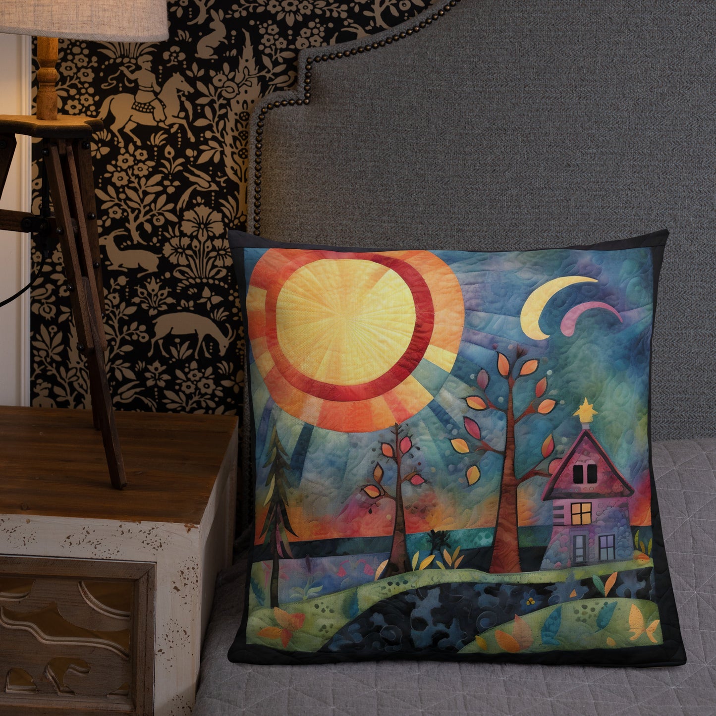 River Cabin at Night Premium Pillow
