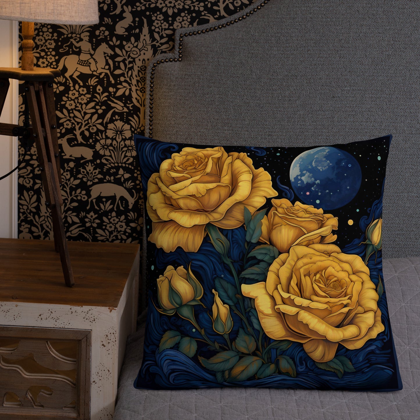 Moonlit Golden Roses Premium Pillow