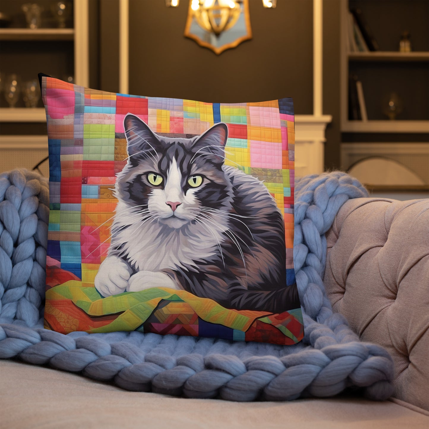 Bessie - Grey & White Cat on a Quilt Pillow