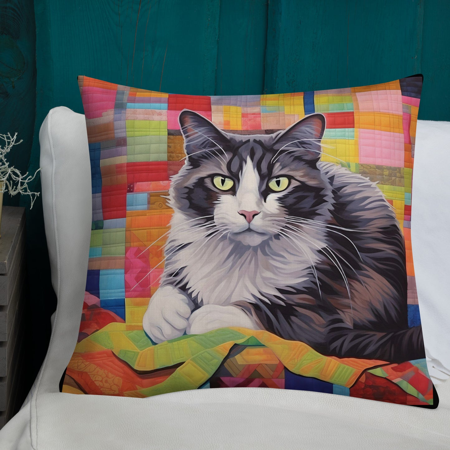 Bessie - Grey & White Cat on a Quilt Pillow