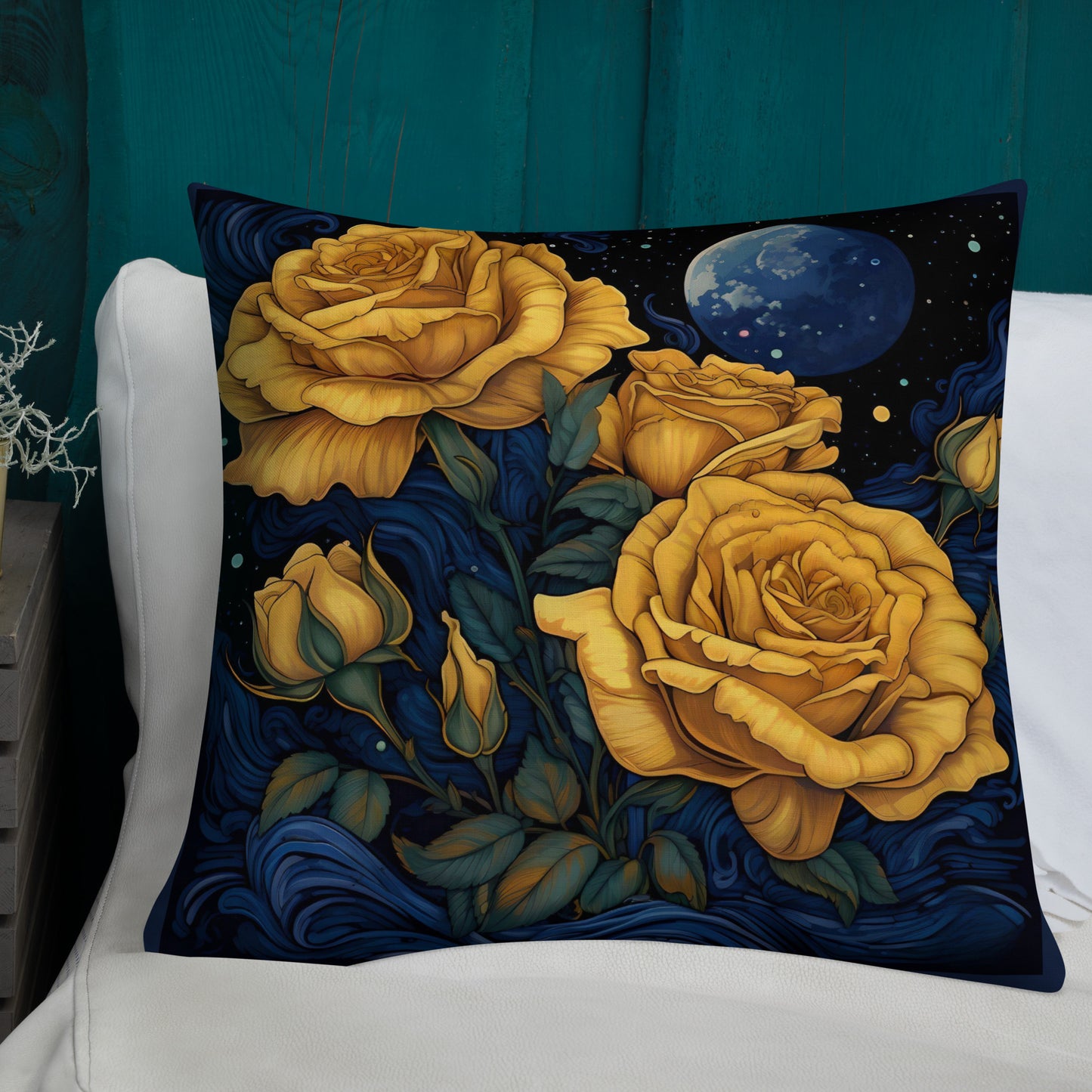 Moonlit Golden Roses Premium Pillow