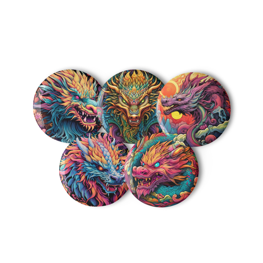 Psychedelic Dragons Set of Pin Buttons