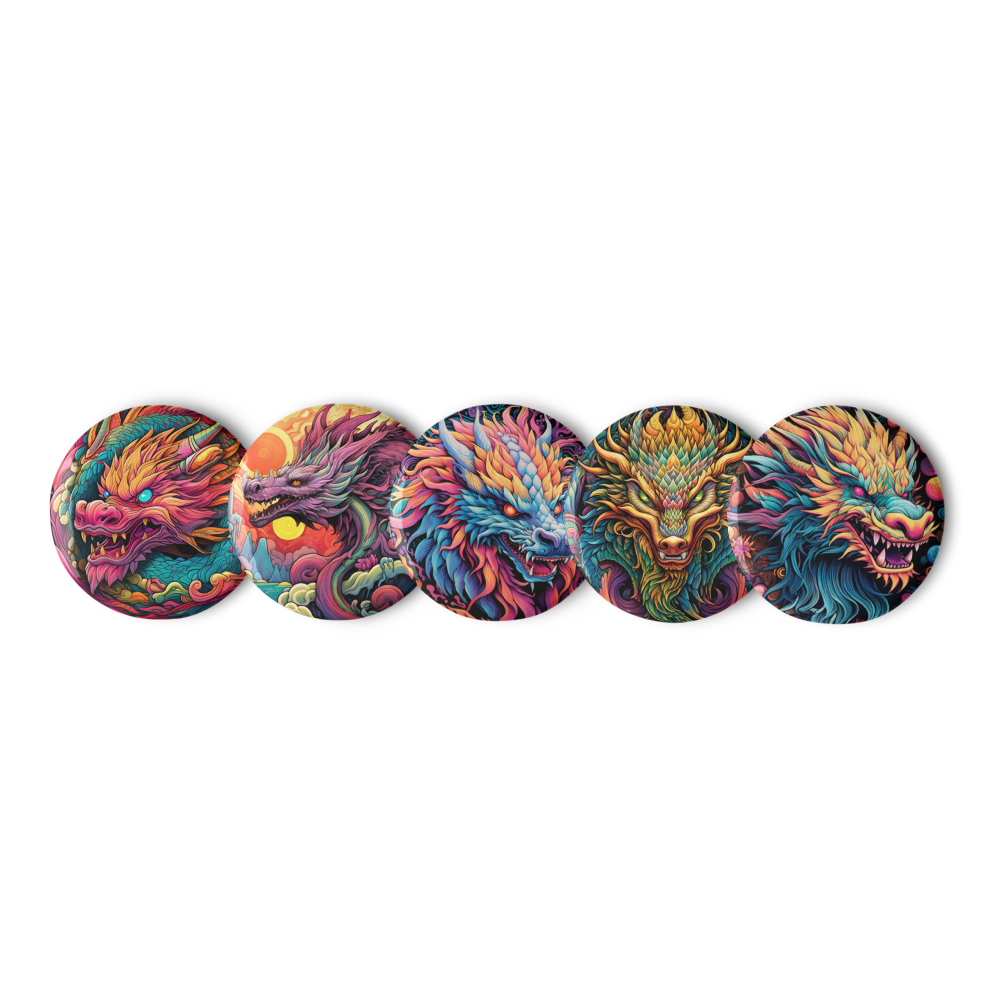 Psychedelic Dragons Set of Pin Buttons