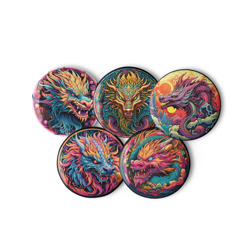 Psychedelic Dragons Set of Pin Buttons