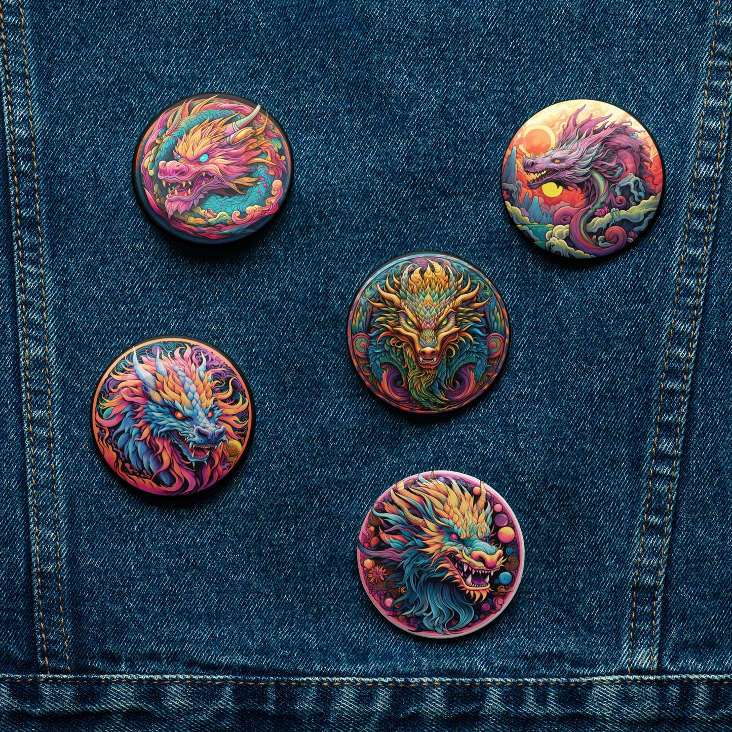 Psychedelic Dragons Set of Pin Buttons