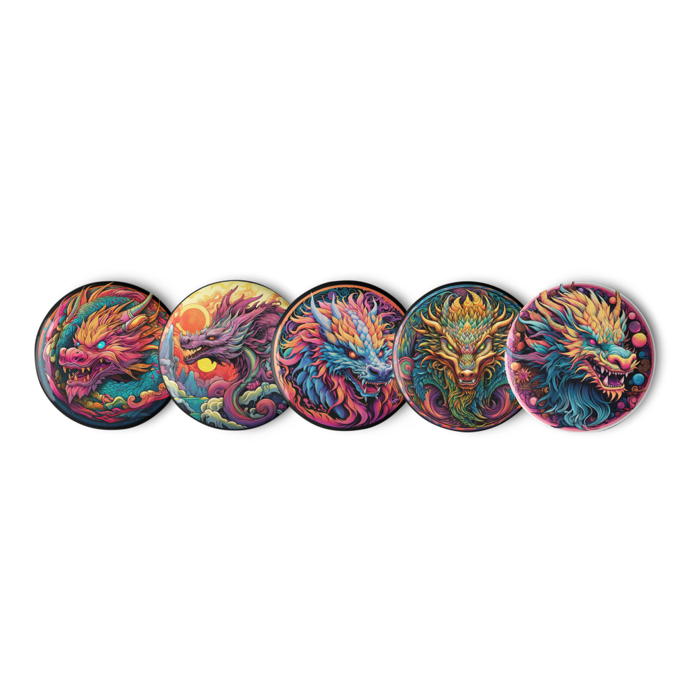 Psychedelic Dragons Set of Pin Buttons