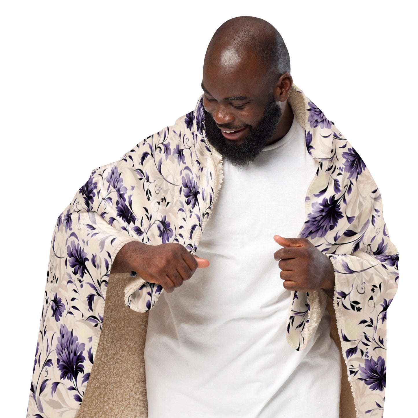 Purple Floral and Cream Sherpa Blanket