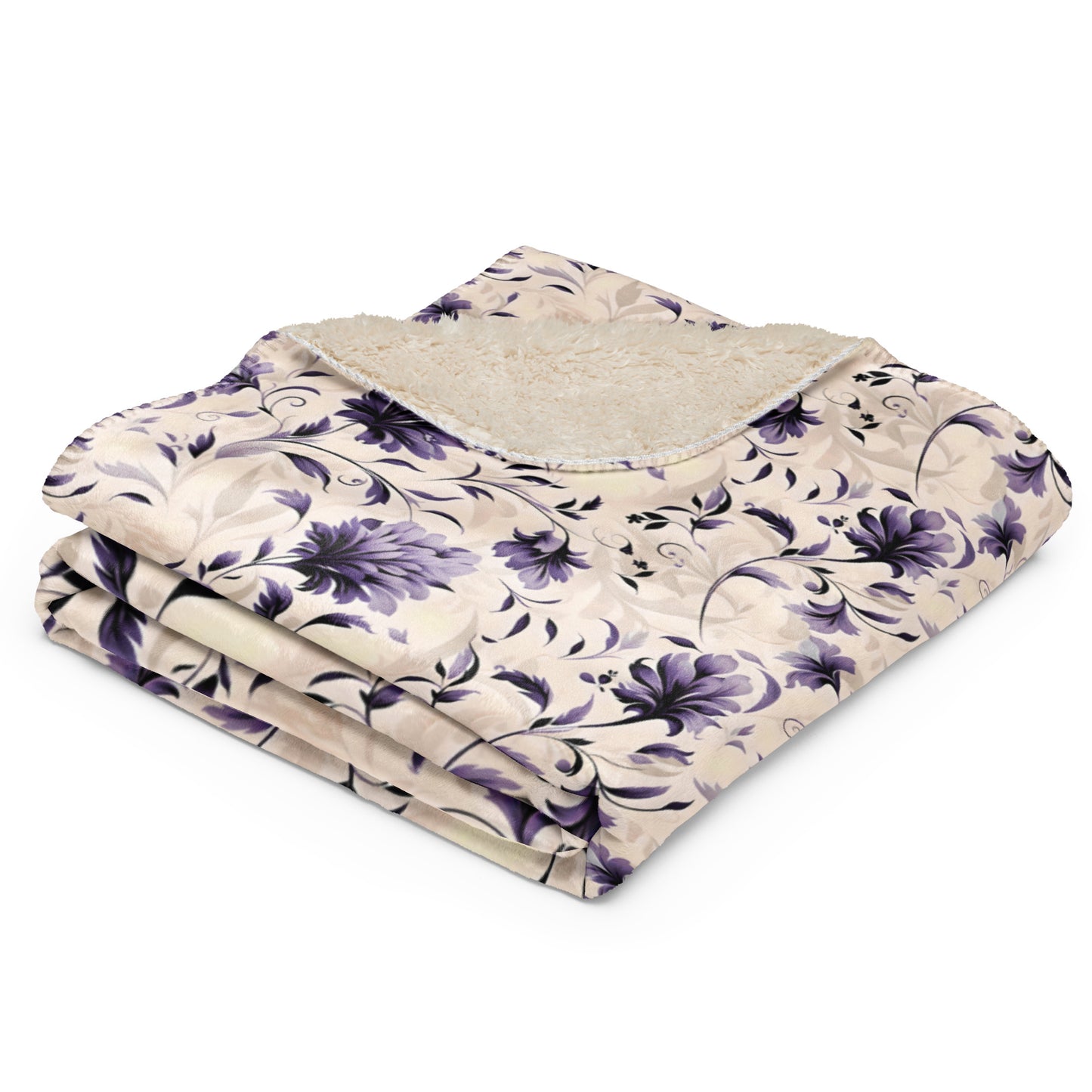 Purple Floral and Cream Sherpa Blanket