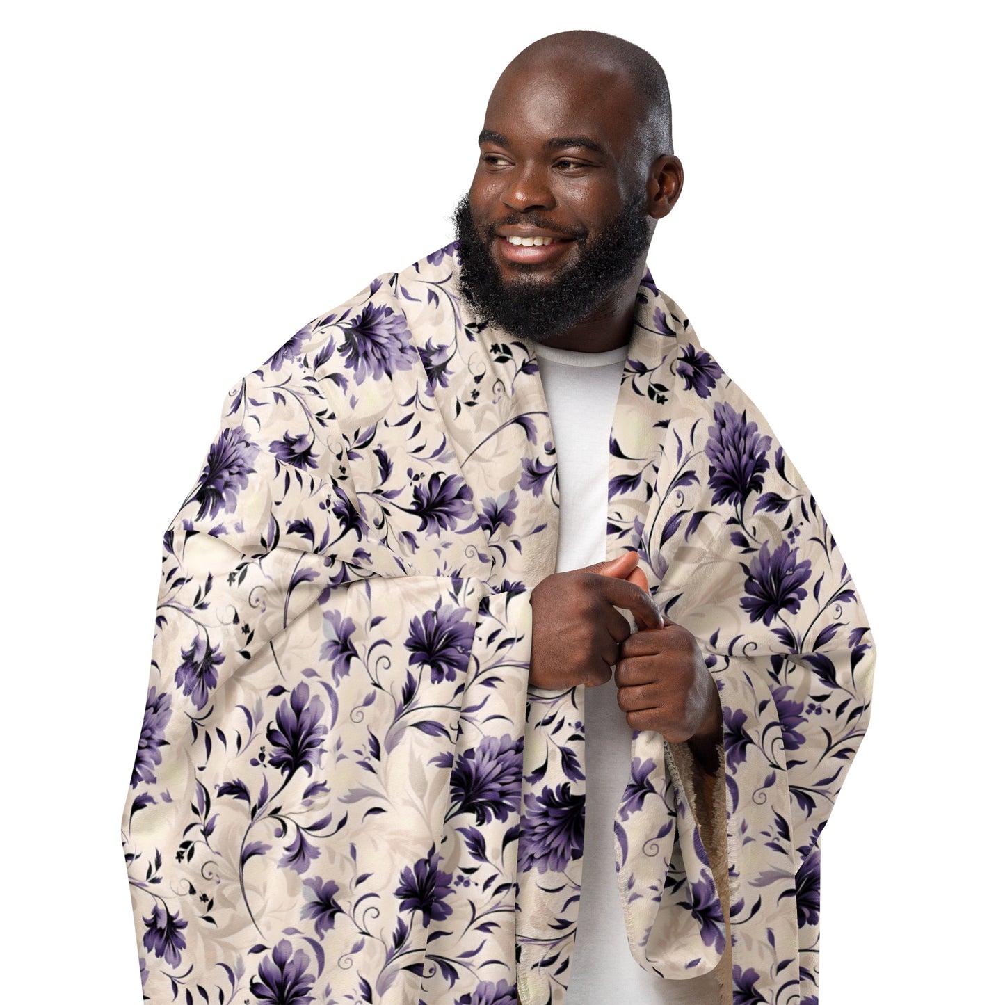 Purple Floral and Cream Sherpa Blanket