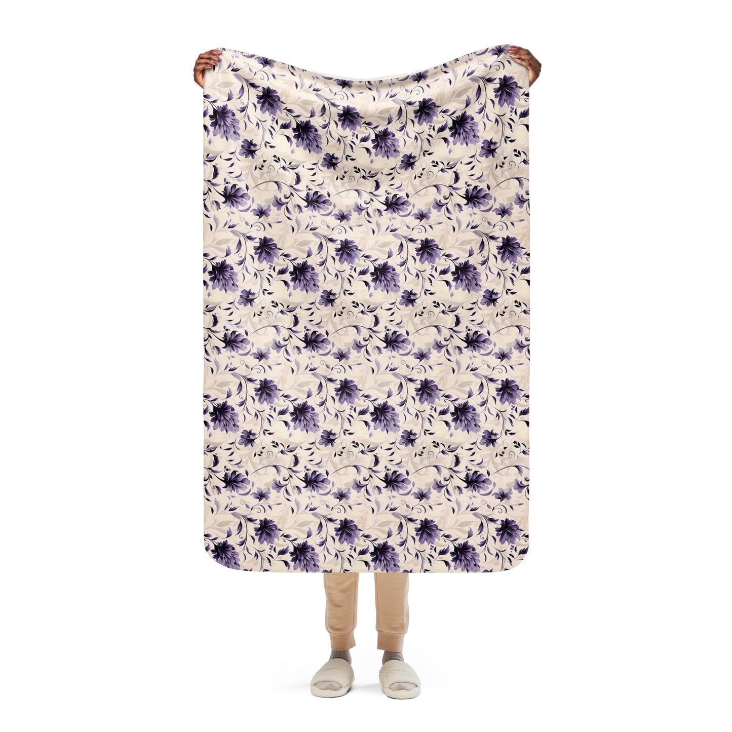 Purple Floral and Cream Sherpa Blanket