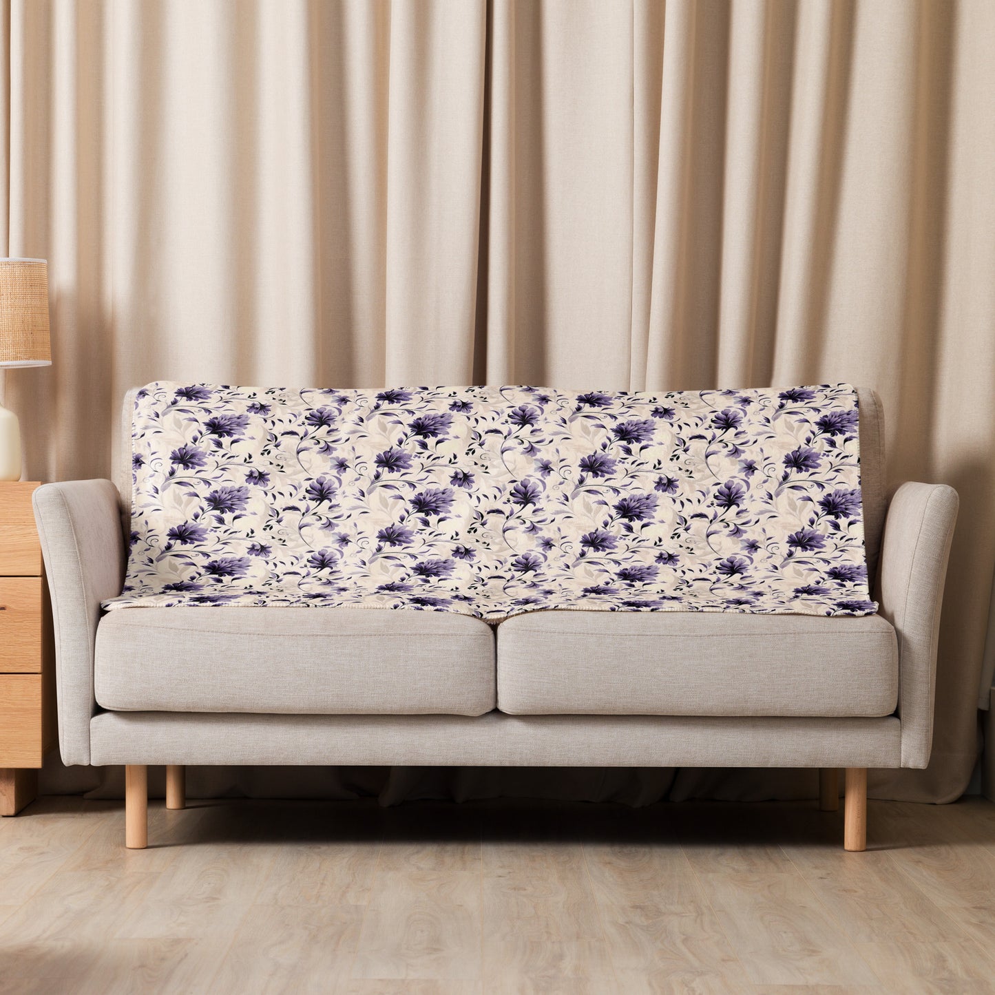 Purple Floral and Cream Sherpa Blanket