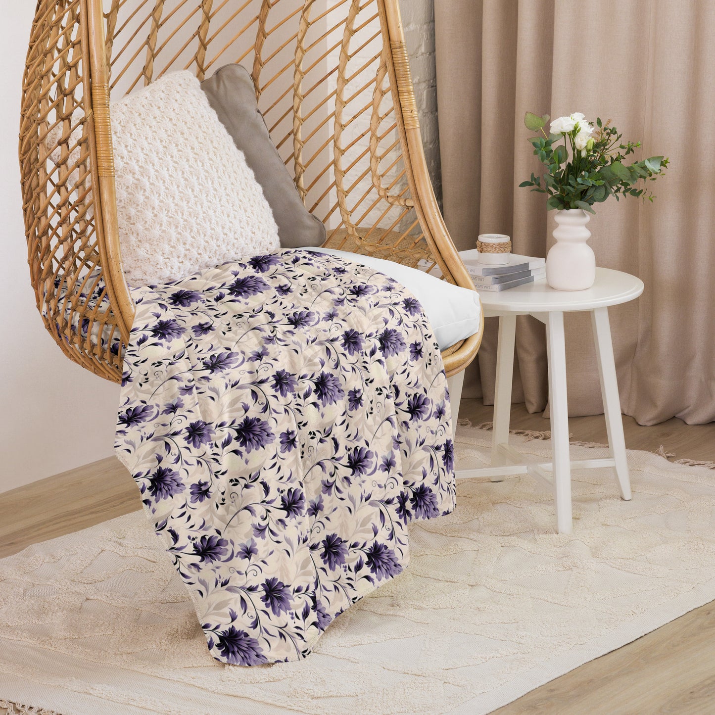 Purple Floral and Cream Sherpa Blanket