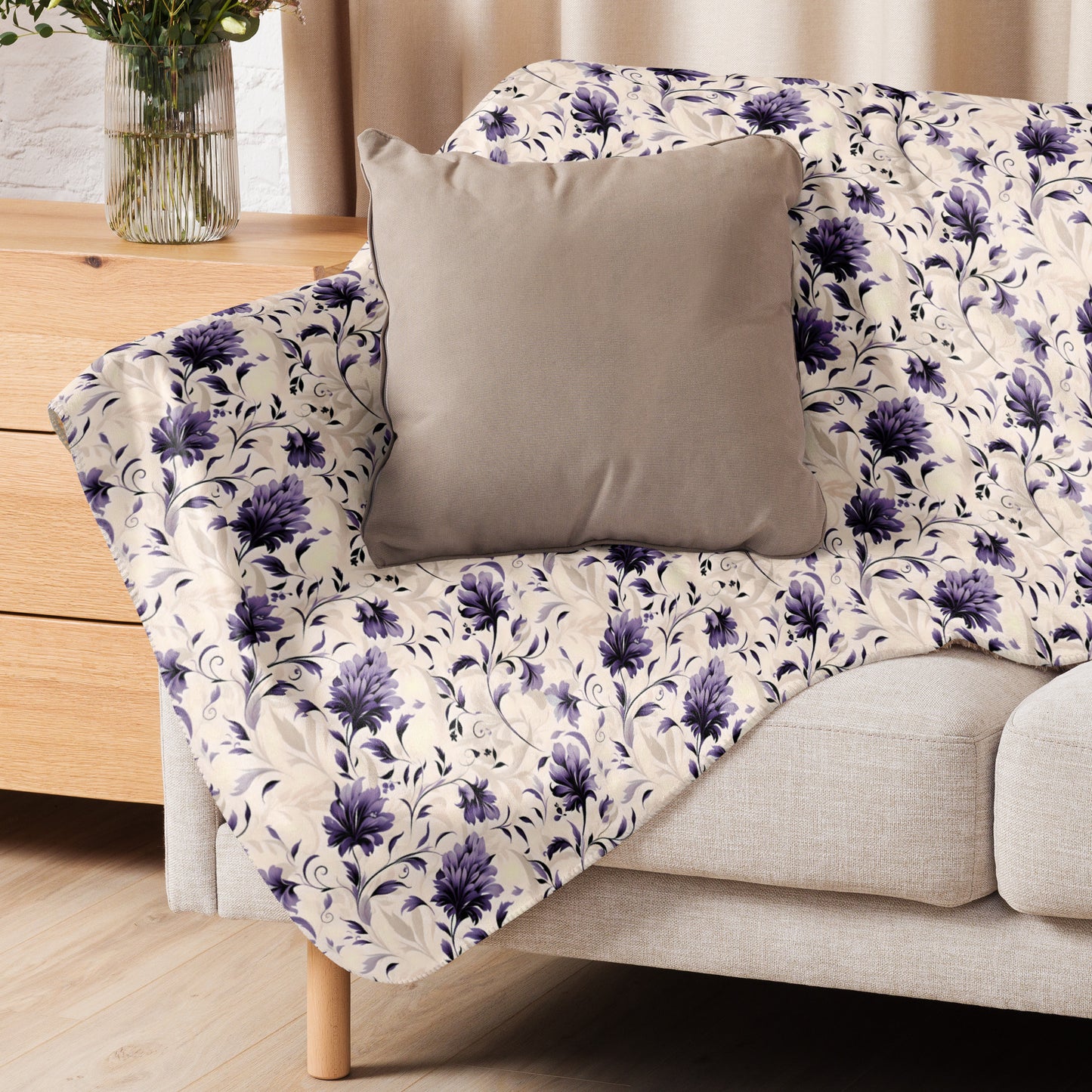 Purple Floral and Cream Sherpa Blanket