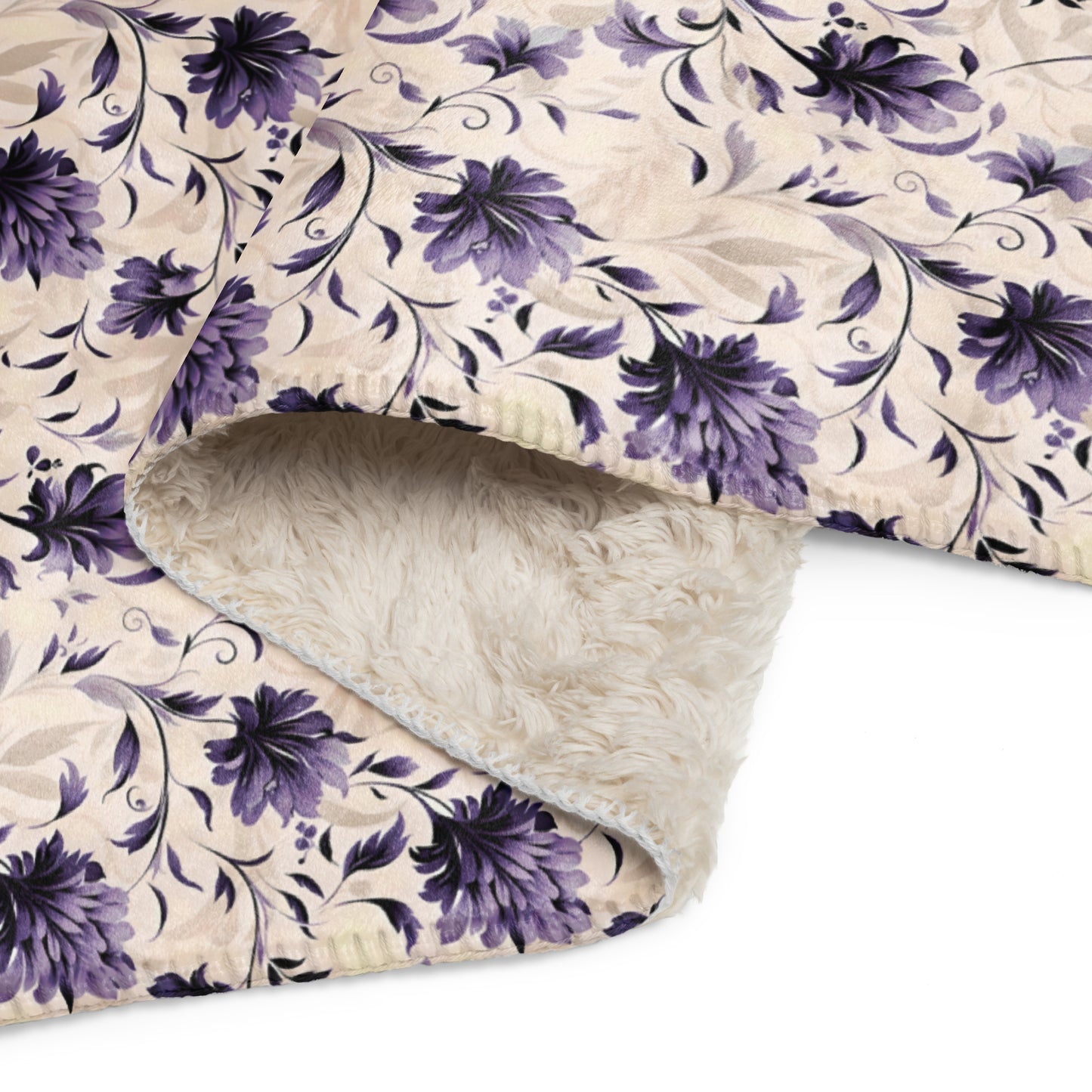 Purple Floral and Cream Sherpa Blanket