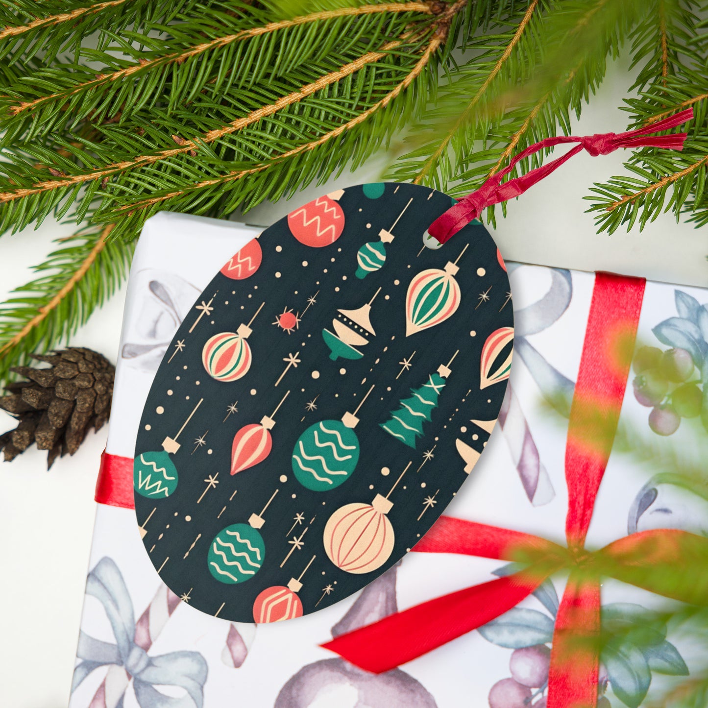 Retro Ornaments Pattern Oval Wooden Ornament - Gift Tag - Magnet
